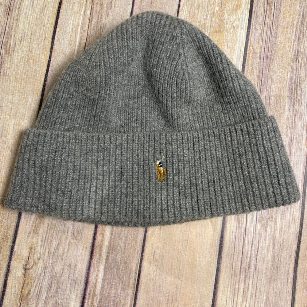 Polo Ralph Lauren Grey Wool Blend Ribbed Beanie Hat EUC-Unisex OS